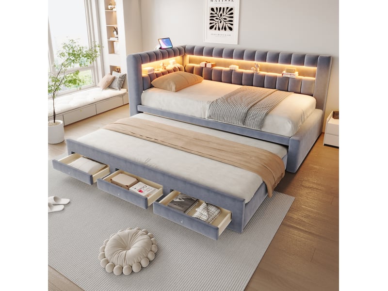 Lit banquette 90x190 cm avec lit gigogne, rangements, led et usb, velours gris foncé, sans matelas - Conforama W