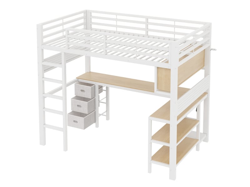  Lit mezzanine en métal, 140 x 200 cm, avec tiroirs, bureau, étagères, panneau perforé, éclairage led et ports usb, blanc  - Conforama A