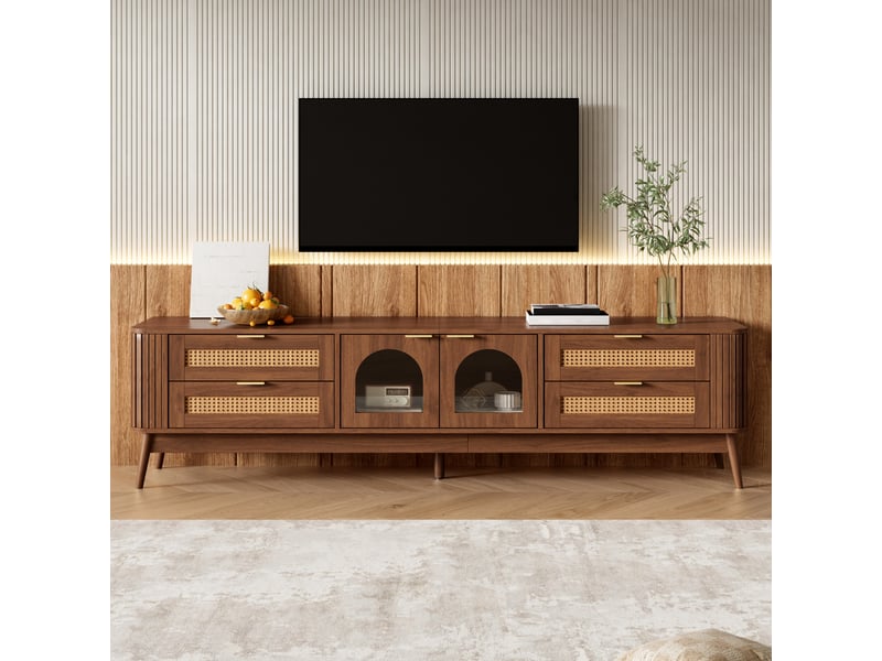  Meuble tv noyer 180 cm avec led, 4 tiroirs et portes en verre trempé  - Conforama B