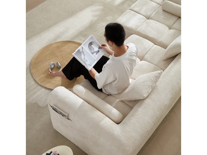  Canapé d’angle beige en chenille 4 places 263 cm - assise ergonomique et poche latérale  - Conforama R