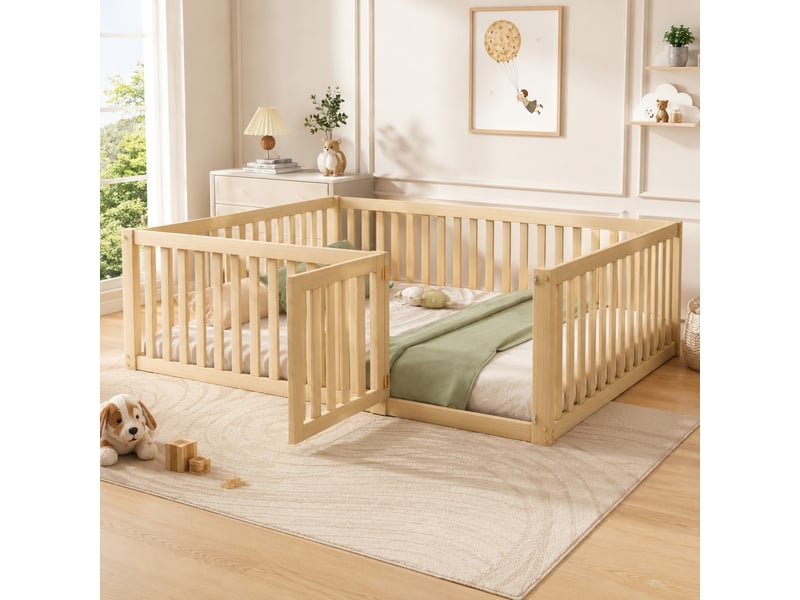 Lit au sol enfant 140x200 cm - en bois massif, avec barrière de 60 cm - sans matelas BrimViber - Conforama B