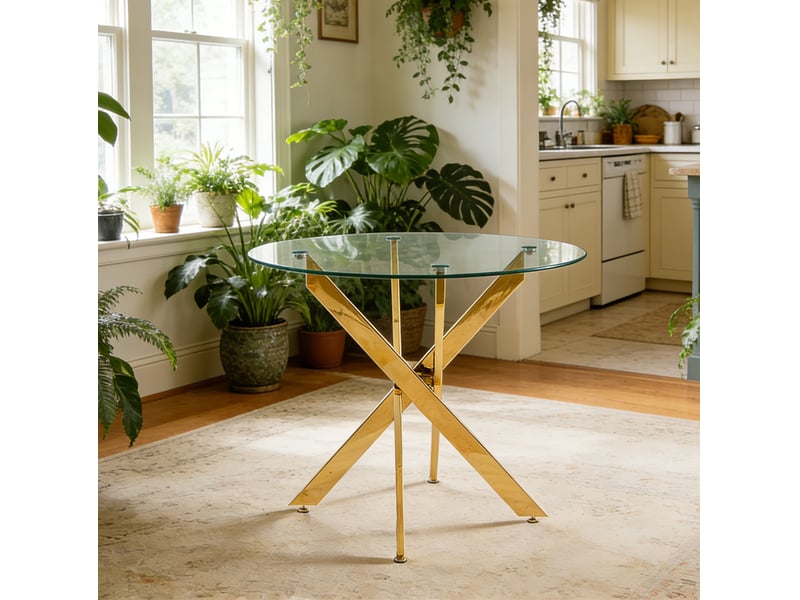  Ensemble de salle à manger 5 pièces, table ronde ø80 cm et 4 chaises dorées  - Conforama D