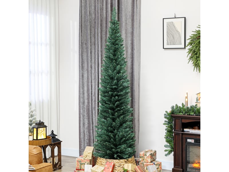  Sapin de noël artificiel mince de 210 cm avec 401 branches en forme de sapin, base en plastique, vert  - Conforama B