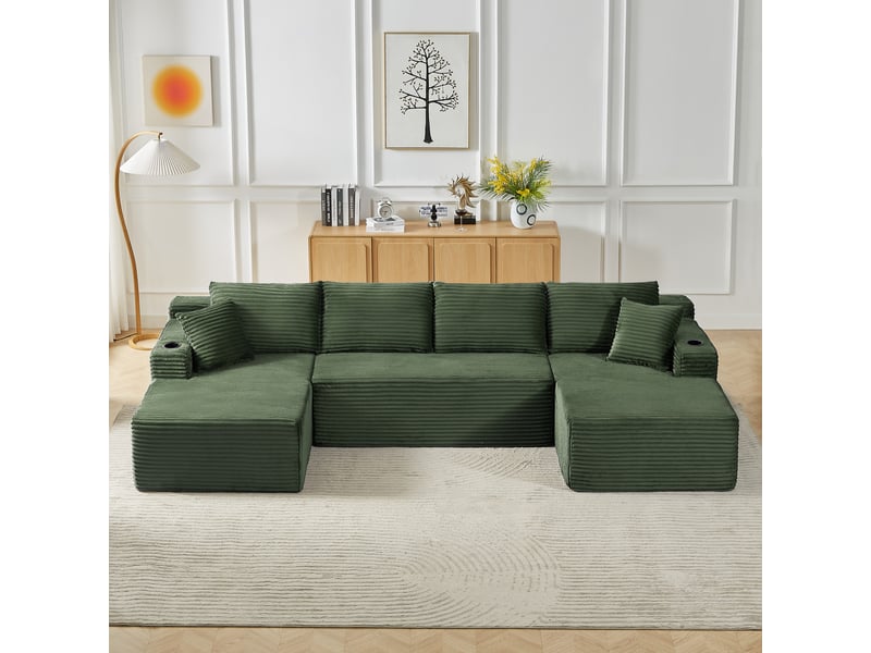 Canapé d'angle modulable en u canapé nuage 4 places canapé compressé en velours côtelé avec porte-gobelets poches, vert - Conforama E