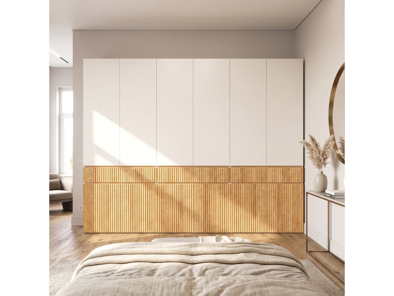  Armoire,270x50x200 cm,12 portes avec 3 tiroirs,mdf,coloris chêne clair et gris  - Conforama B