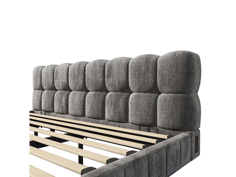  Lit coffre bubble en chenille gris 160x200 cm avec led, usb et type-c Fay Lum - Conforama W