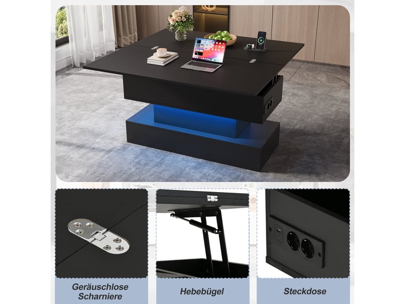  Table basse coloris noir 100 × 50 × 51,5 cm, en panneaux de particules, avec plateau relevable et éclairage led rgb  - Conforama C