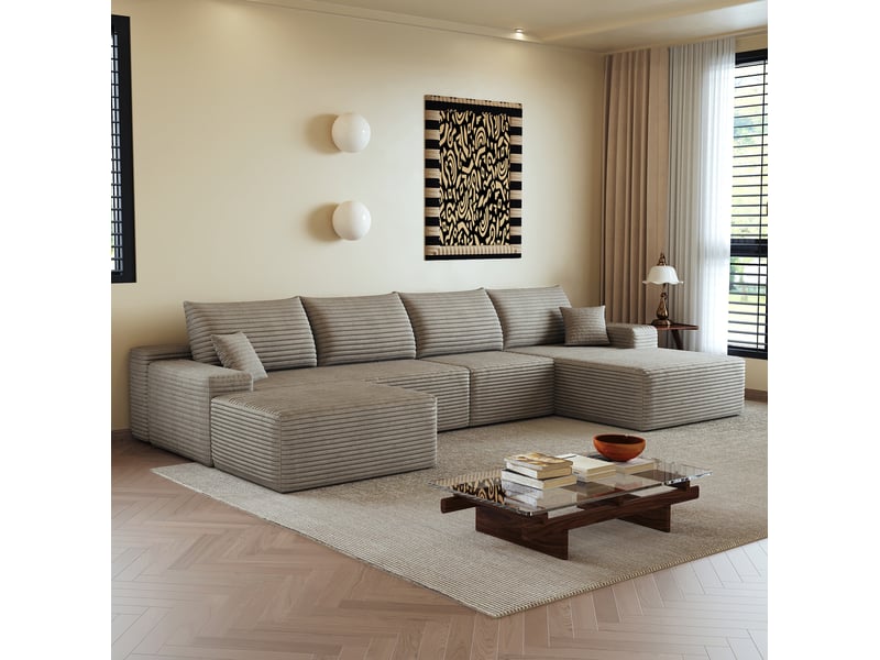 Canapé d’angle modulable 340 cm avec méridienne en l, 5 places, mousse haute élasticité, camel  - Conforama B