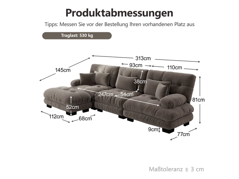  Canapé d'angle modulable en l 313x145cm, canapé salon profond avec ottoman, tissu chenille marron, design contemporain  - Conforama C