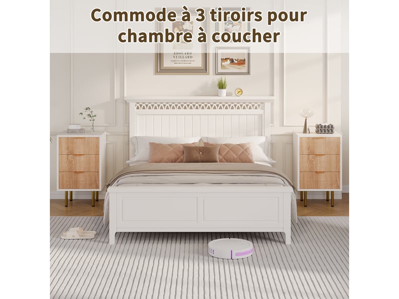  Lot de 2 table de chevet ,table à chevet avec 3 tiroirs ,commode, motif à rayures,40 x 40 x 65 cm, couleur bois  - Conforama W