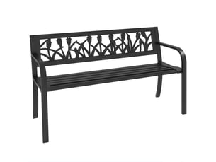 Banc de jardin 2 places en acier avec dossier et accoudoirs décorés, 125 x 50 x 75 cm, noir