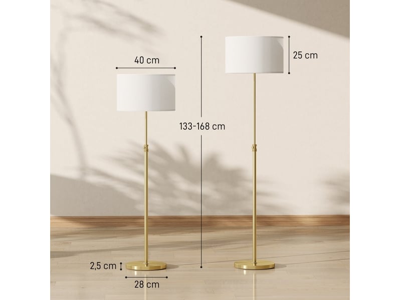  Lampe de pied avec télécommande, réglable en hauteur, abat-jour tissu, pied métallique, lumière ajustable, interrupteur au pied, couleur or  - Conforama C