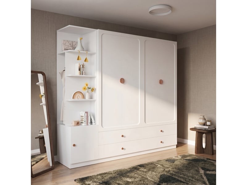  Armoire de chambre blanche 225x200x45 cm avec 3 penderies et 4 tiroirs en bois massif et mdf  - Conforama R