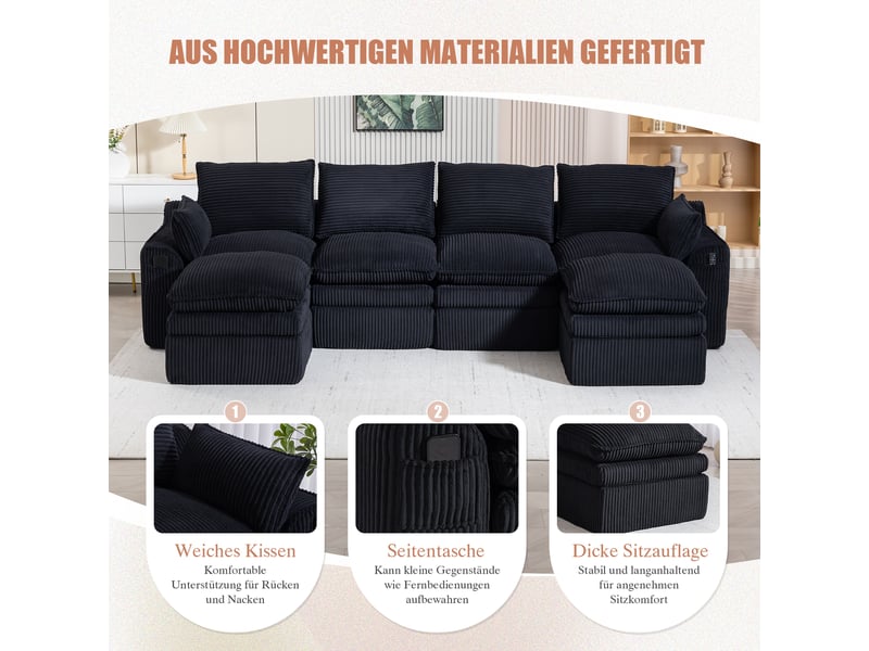  Canapé d'angle panoramique fixe 4 places tissu noir canapé compressible - Conforama D