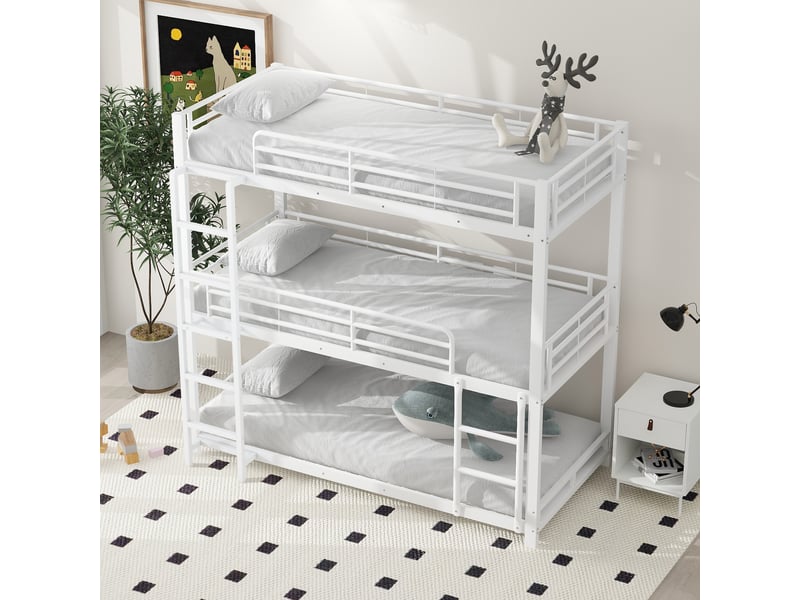  Lit superposé triple 90x200 cm, 3 couchages, échelle et barrières de sécurité, structure métal, blanc OMNIGLINT TRADING LTD - Conforama D