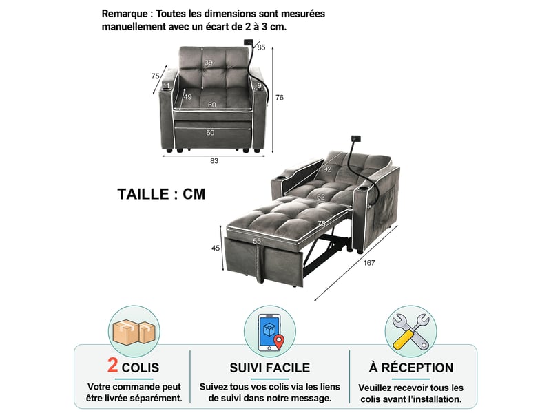 Fauteuil convertible 3-en-1 avec dossier réglable, porte-gobelets et support téléphone, velours gris foncé, 83 × 167 × 76 cm - Conforama D