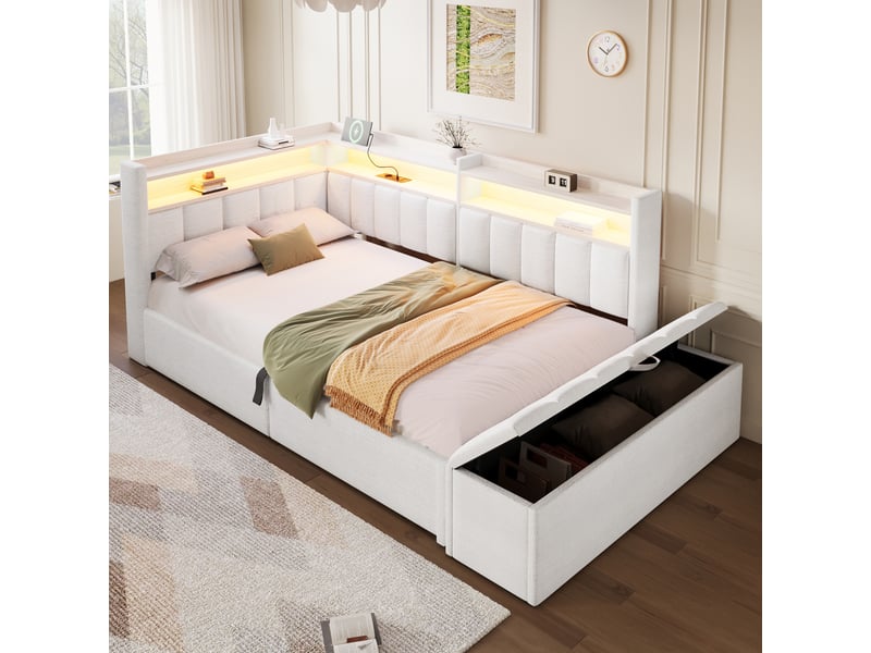  Canapé-lit coffre 90 x 200 cm - avec prise électrique - avec port usb + bande lumineuse led - beige (matelas non inclus)  - Conforama D