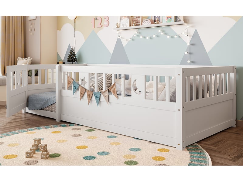  Lit enfant 90x190 cm avec barrière blanche en pin motif étoile et lune sans sommier ni matelas Sol Morn - Conforama D