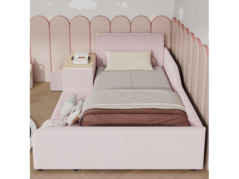  Lit enfant combiné modenvie avec bureau, tabouret et étagère, 90 x 200 cm, velours rose  - Conforama D