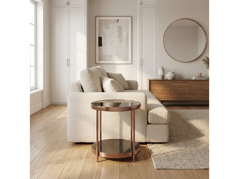 Table basse ronde en métal or rose avec étagères en verre fields  - Conforama B