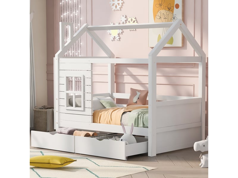  Lit cabane enfant 80x160 bois de pin massif blanc avec barrière et tiroirs pour filles et garçons  - Conforama C
