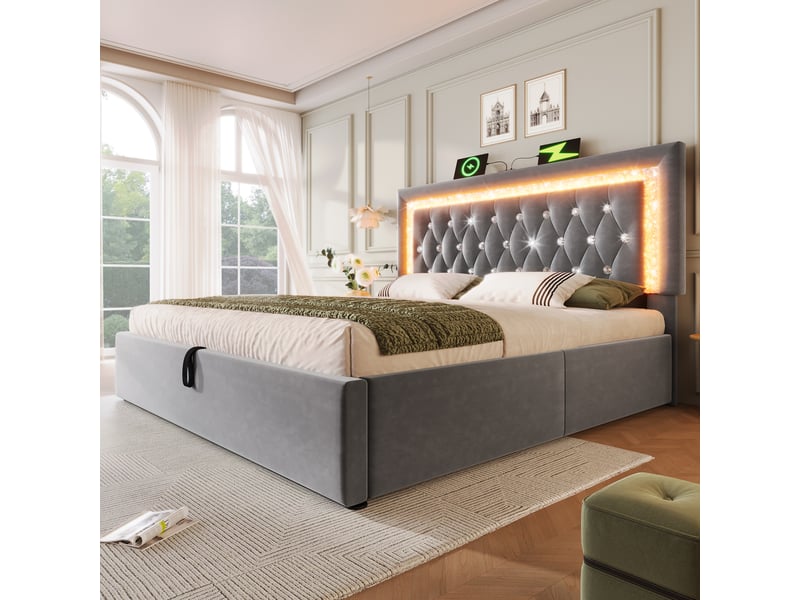  Lit coffre 160x200 cm velours gris, tête de lit led, ports usb-c, rangement hydraulique et matelas inclus  - Conforama C