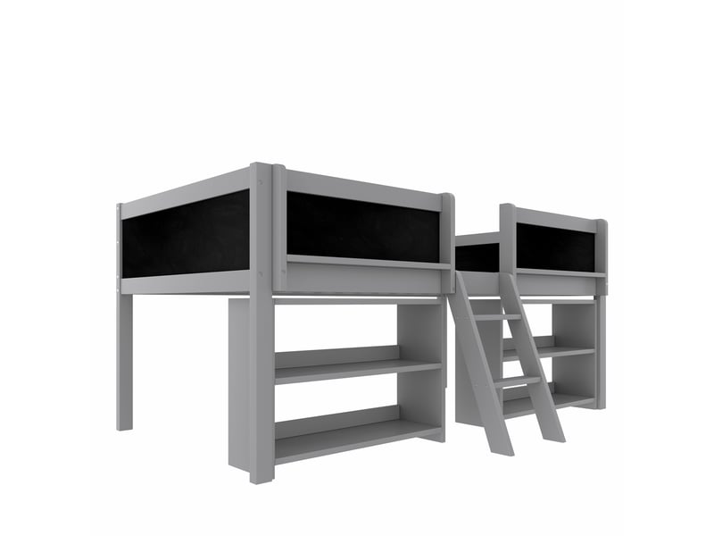  Lit mi-hauteur gris 90x200 cm en pin, étagères, garde-corps et échelle  - Conforama D