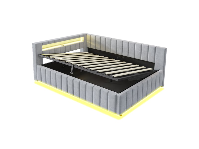 Lit banquette enfant coffre 140 x 200 cm avec led, usb et rangement hydraulique, velours gris clair Fay Lum - Conforama A
