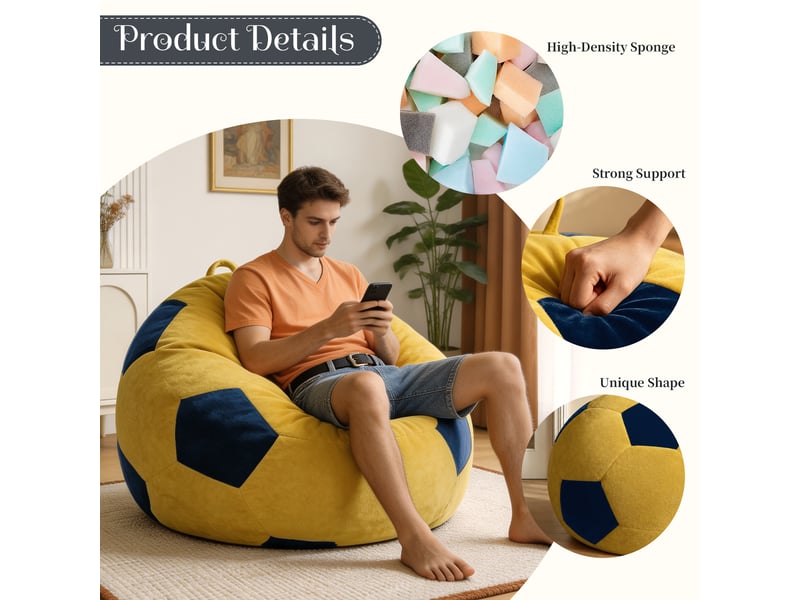  Fauteuil pouf rond en forme de ballon de football avec garnissage en mousse à mémoire de forme, flanelle bleu et jaune  - Conforama E