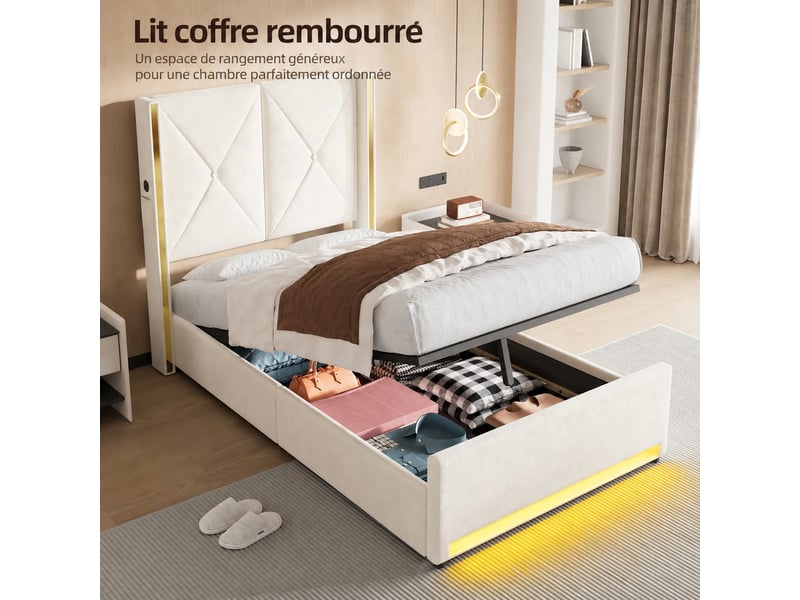  Lit coffre 90 x 200 cm, relevage hydraulique, tête haute capitonnée, ports usb et type-c, led, velours beige  - Conforama B