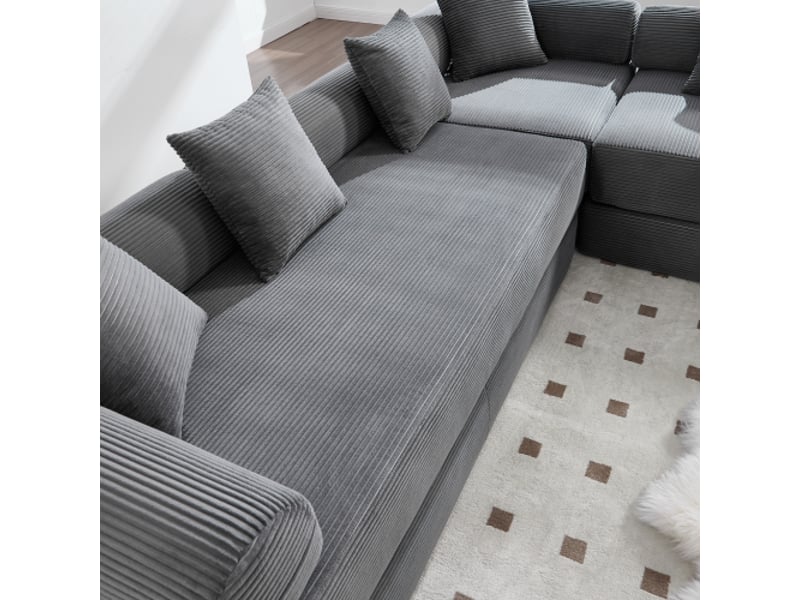  Canapé d’angle convertible, canapé 5 places avec poches latérales, 5 coussins, en velours, gris  - Conforama E