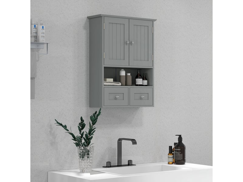  Armoire murale de salle de bain, armoire de toilette, avec portes, étagère, 2 tiroirs, 50,8l x 17,8p x 66h cm, gris  - Conforama B