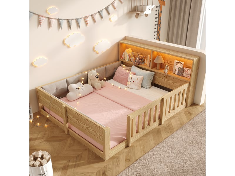 Lit au sol enfant 140x200 cm, barrières sur 4 côtés, dossier rembourré, tête de lit avec étagères, led, bois naturel Radiant Stride - Conforama D