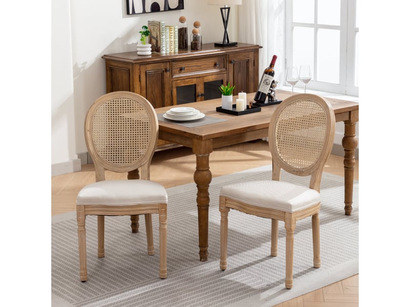  Lot de 2 chaises médaillon style français en tissu effet lin beige et cannage pieds bois vieilli  - Conforama B
