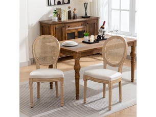 Lot de 2 chaises médaillon style français en tissu effet lin beige et cannage pieds bois vieilli