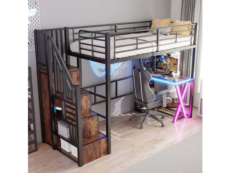 Lit mezzanine 90x200 cm avec bureau, armoire, rangements et led noir  - Conforama E