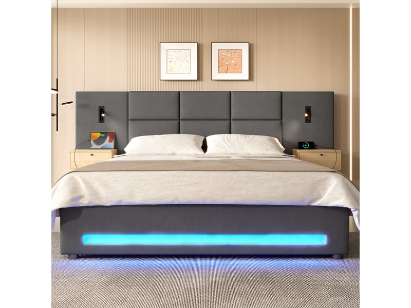  Lit coffre 160 × 200 cm en velours gris foncé avec tiroirs, usb-c et led Fay Lum - Conforama D