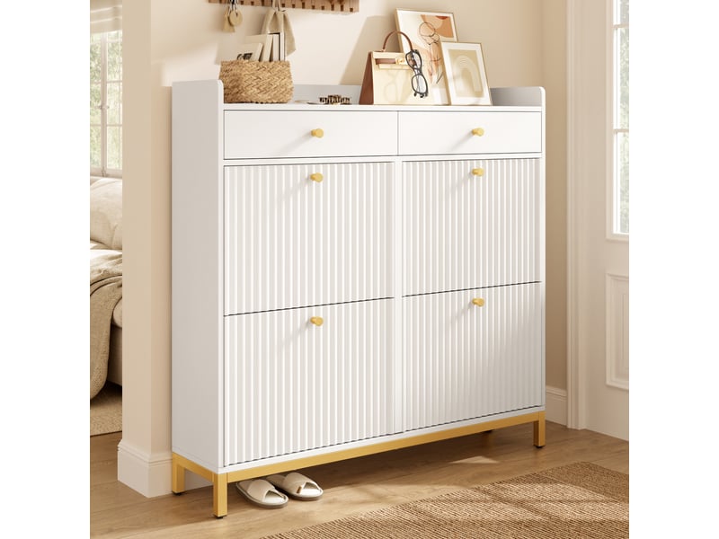  Meuble à chaussures 4 abattants et 2 tiroirs, blanc, 106,5 x 25 x 107 cm  - Conforama E