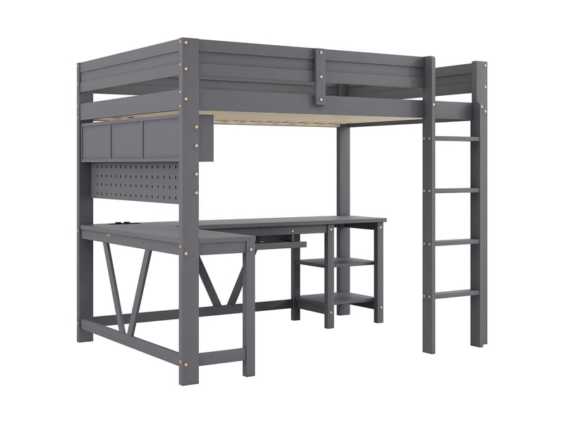  Lit mezzanine gris 90x200 cm en bois avec bureau, rangements, éclairage led, station de charge usb et prises intégrées  - Conforama E