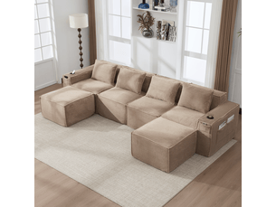 Canapé modulable 4 places 330x162x75 cm, canapé salon avec 2 poufs modulables, porte-gobelets et rangements latéraux, ressorts, velours côtelé, marron clair