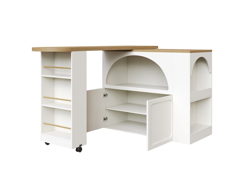  Table de bar extensible 135-205x39x100 cm roulettes frein led multicolore port usb rangement fermeture amortie mdf blanc  - Conforama E