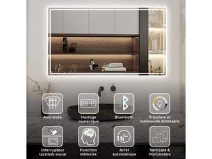 Aica miroir lumineux 140 x 80cm, bluetooth + 3 couleurs + dimmable + horloge + anti-buée + mémoire, miroir salle de bain mural