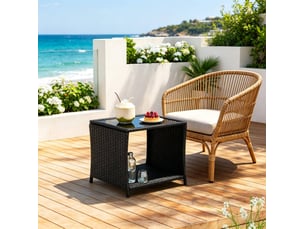 Table d'appoint de jardin 45x45x40 cm noire en résine tressée, plateau en verre et rangement ouvert