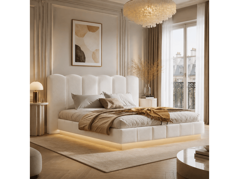  Lit coffre 180x200 cm, lit double, sommier à lattes, rangement hydraulique, tissu bouclé blanc, led  - Conforama D