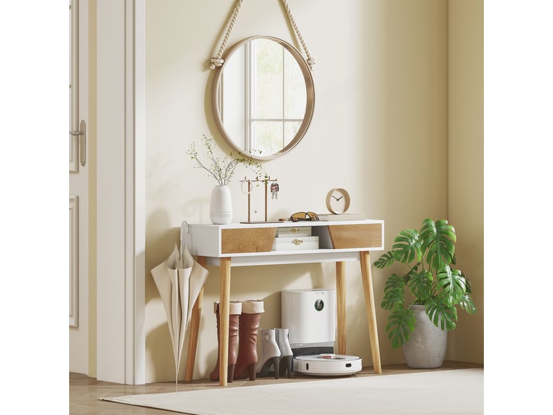  Console d'entrée avec 2 tiroirs, compartiment et pieds en bois, blanche, idéale pour un couloir, une entrée ou un salon.  - Conforama D