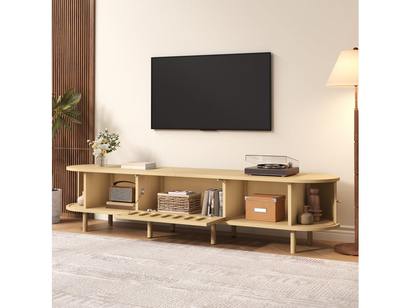  Meuble tv 180x40x40 cm avec porte abattante, mdf, coloris bois clair  - Conforama B