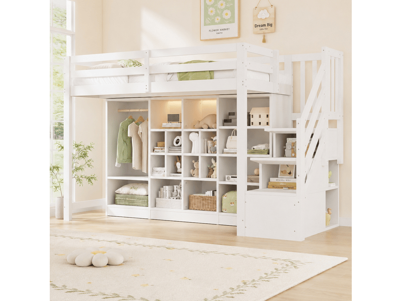  Lit mezzanine 90x200 cm, armoire simple, escalier avec rangement, rangements compartimentés, éclairage avec éclairage led, bois et mdf blanc  - Conforama D