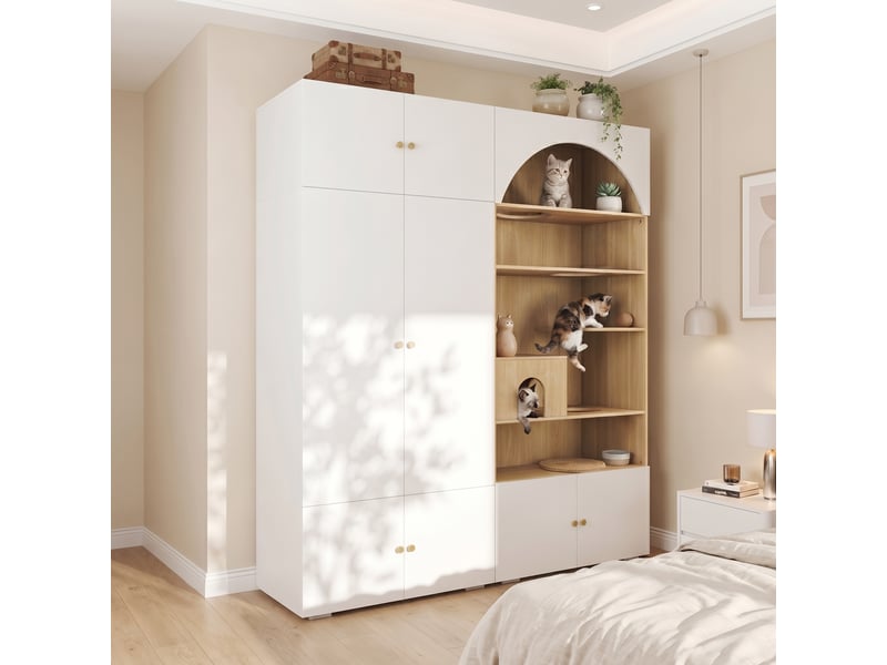  Vestiaire multifonction 2 en 1 et armoire avec mur d'escalade, 180x50x200 cm, blanc et aspect bois  - Conforama R