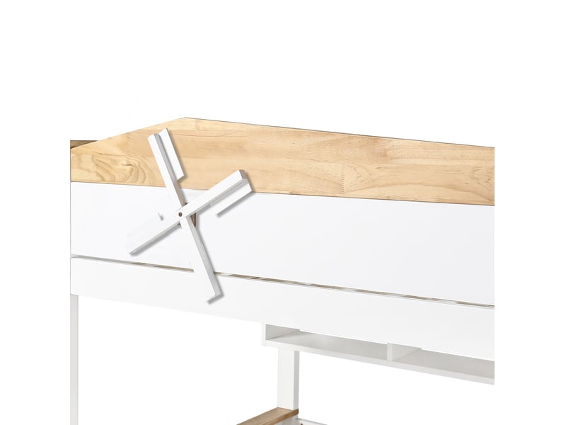  Lit superposé enfant 90x200 et 140x200 cm – blanc et naturel – éolienne, rangements et 2 tiroirs bas  - Conforama E