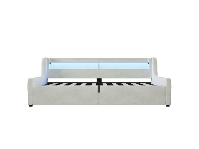  Lit coffre lit simple en flanelle avec rangement hydraulique et éclairage led, 200×90 cm, sans matelas, blanc cassé  - Conforama E
